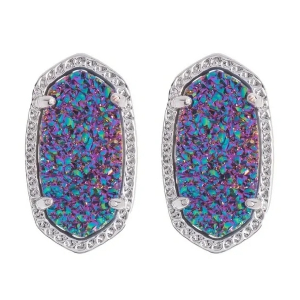 Kendra Scott ELLIE Post Stud Earrings in Multi Drusy & Rhodium Silver Multicolor